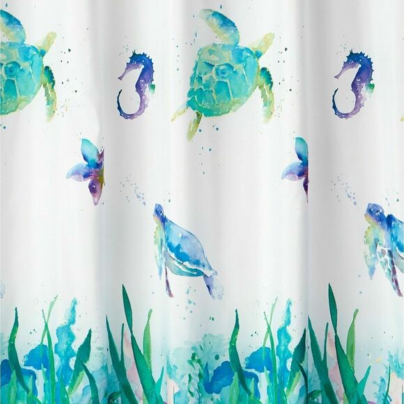 Sea Turtles Watercolor Fabric Shower Curtain Ocean Blue Green Nautical Bath NEW - Picture 3 of 3